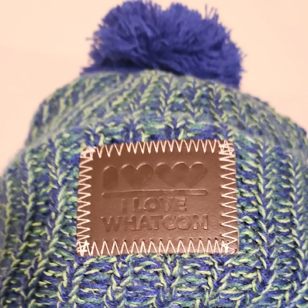 Blue and Green Knit Pom-Pom Beanie